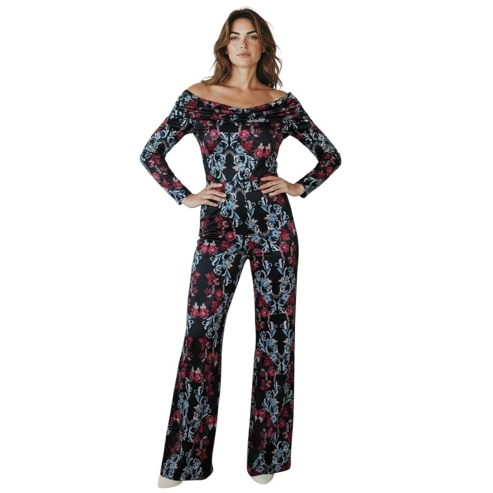 Bebe Off Shoulder Wide Leg Jumpsuit M Baroque Print Elegant Statement Festival